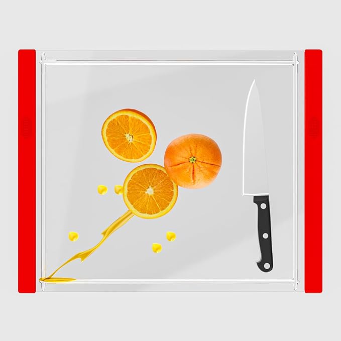 Tempered Glass Cutting Board with Juice Groove - 16x12 Inch Kitchen Cutting Board with Silicone Non-Slip Feet, Easy to Clean & Dishwasher Safe - Ideal for Vegetables, Fruits, Bread, Meats (Red)