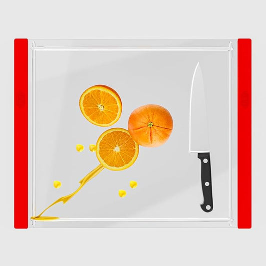 Tempered Glass Cutting Board with Juice Groove - 16x12 Inch Kitchen Cutting Board with Silicone Non-Slip Feet, Easy to Clean & Dishwasher Safe - Ideal for Vegetables, Fruits, Bread, Meats (Red)