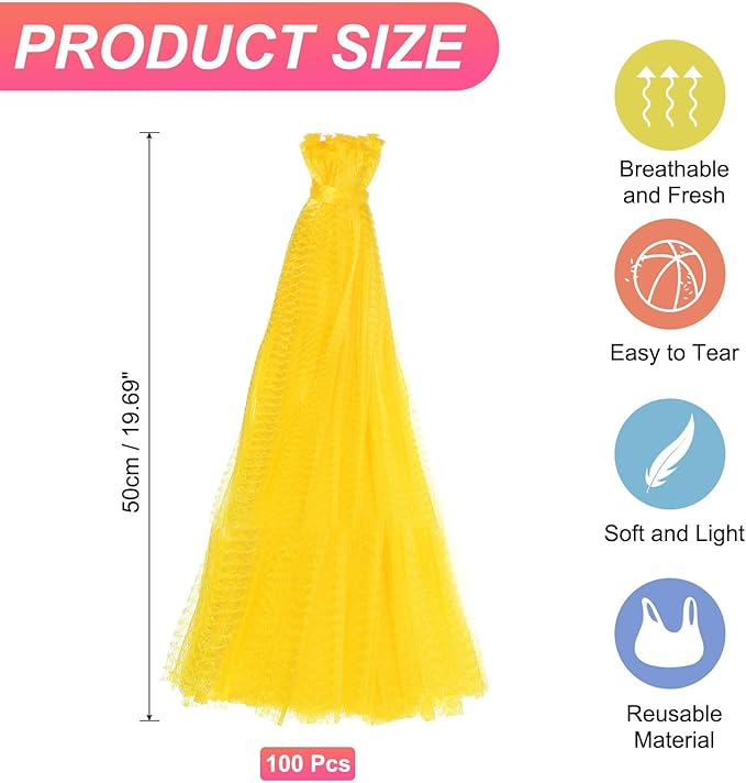 uxcell 100PCS Reusable Mesh Produce Bags, 19.7 Inches Egg Hatching Bags Washable Breathable Fruit Net Stretchable Mesh Netting Storage for Seafood Vegetable Onion Grocery Shopping, Yellow