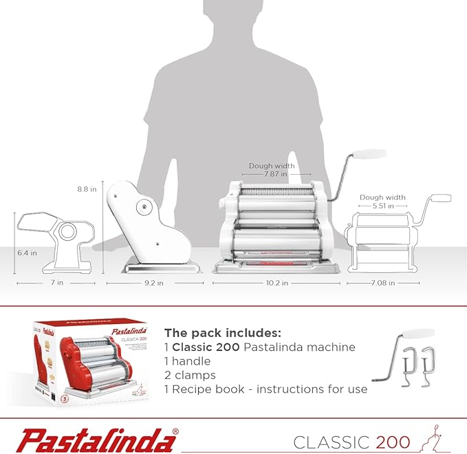 PASTALINDA Classic 200 Pasta Maker Machine, 20 cm Wide Rollers, 9 Thickness Positions, 2 Cutting Positions, Stainless Steel. Includes Reinforced Hand Crank And Two Clamps