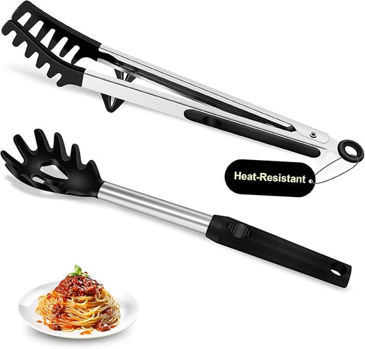 Silicone Spaghetti Spoon and Pasta Tong, Heat-Resistant Noodle Spoon Server, 13“ BPA-Free Spaghetti Strainer, Fork with Teeth and Stainless Steel Handle, Food-Grade Clip for Pasta, Black