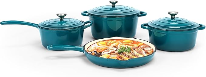 QuliMetal Nonstick Enameled Cast Iron Cookware Set, 7Pcs Pots and Pans with Lid, Frying Pan Skillet, Saucepan, Healthy Dutch Oven for Sourdough Bread Baking, Oven Safe up to 500° F or on All Stovetop