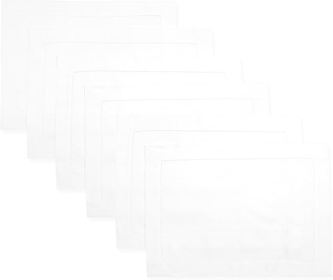 D'Moksha Homes White Linen Placemats Set of 6 - Classic Hemstitch Placemats 14 x 19 Inch - 100% Pure Linen Table Mats for Fall, Thanksgiving, Christmas, Holiday - Handcrafted and Machine Washable