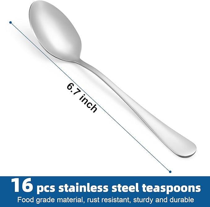 16 Pcs Teaspoons Set, Food-Grade Stainless Steel Spoons Silverware, Cutlery Tea Spoons, Durable Dessert Spoons, Metal Spoon for Home, Kitchen or Restaurant, Mirror Polished, Dishwasher Safe 6.7 Inch
