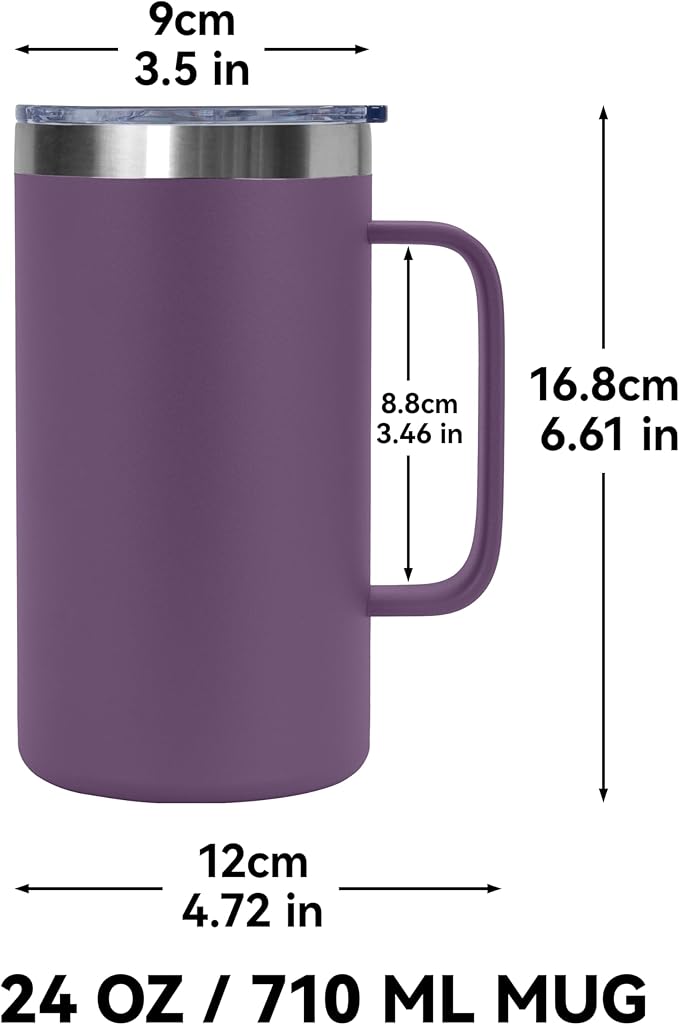 DOMICARE 24oz Mug with Handle and Lid, Stainless Steel Coffee Mug, Travel Mug with Handle, Double Wall Vacuum Coffee Tumbler, Reusable Insulated Cup, Dark Purple, Pack 8