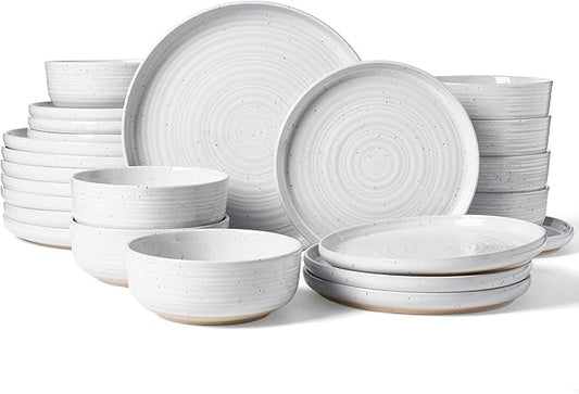 Stoneware Dinnerware Sets, Plate and Bowl Sets for 8, 24 Pieces Spiral Flared Dishware Set with Speckles & Reactive Glaze - Microwave and Dishwasher Safe Tableware, White