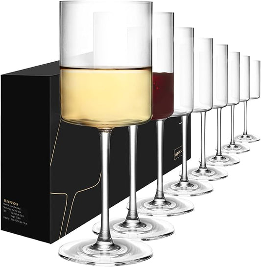 SANZO Wine Glass Set, 15oz Crystal Glasses for Red and White Wine, Square Bowl Design for Home Bar or Dinner Parties （8pcs）