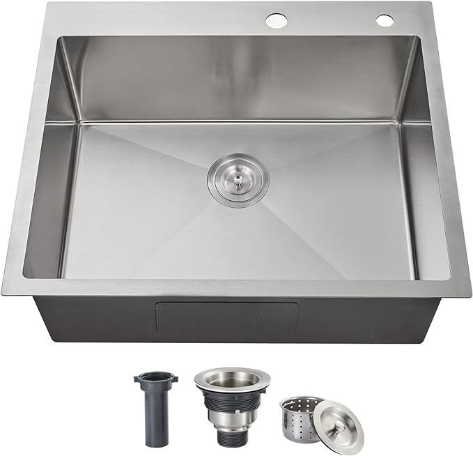 ROVOGO 25x22x8.7 in. Drop-in Kitchen Sink Single Bowl with Rear Drain, 18 Gauge Stainless Steel Handmade Top Mount Sink with 2-Hole, Brushed