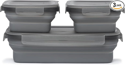 Drip EZ Secondz Collapsible Food Storage Containers (set of 3) - Meal Prep, Leftovers, Lunch, Camping, Hiking - Dishwasher & Microwave Safe - BPA-free Silicone - Locking Lids - Charcoal