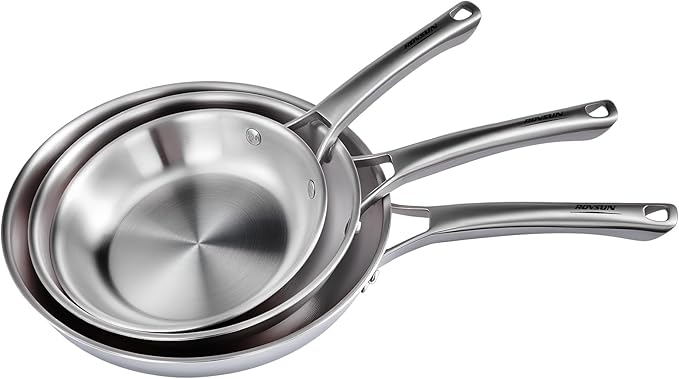 ROVSUN 8-10-12 Inch Stainless Steel Cookware Set, 3 pcs Tri-Ply Skillets Set, Full Clad Stainless Steel Chef's Pan, PFOA & PTFE Free Skillets, Compatible for All Cooktops, Dishwasher & Oven Safe