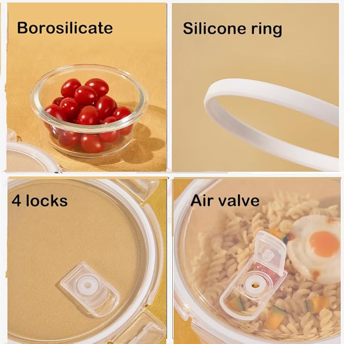 Small Round Glass Food Storage Containers With Lids, 1.5 Cup Round Meal Prep Bowls With Lids BPA-Free, Airtight Small Glass Food Containers for Microwave, Dishwasher, Freezer Safe-（4 pack）