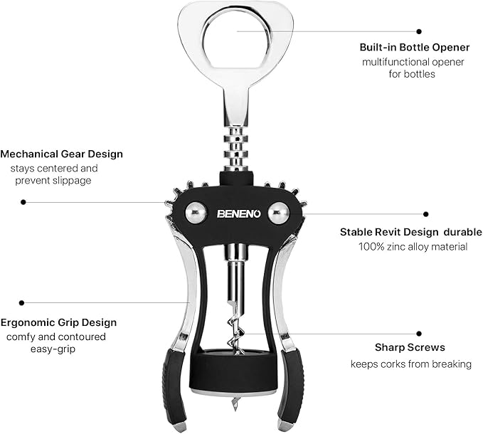 Beneno Wine Opener with Stainless Steel Wine Foil Cutter - Bottle Top Seal Cutter, Zinc Alloy Premium Wing Corkscrew with Multifunctional Bottles Opener, Upgrade Black Set