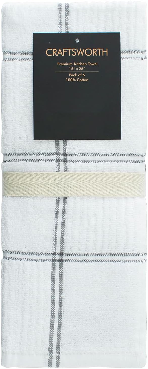 CRAFTSWORTH Kitchen Towels, 15 x 26 Inches, Pack of 6, 400 GSM, 100% Ring Spun Cotton, Grey Combo Windowpane Dish Towels Super Soft and Absorbent, Tea Towels and Bar Towels