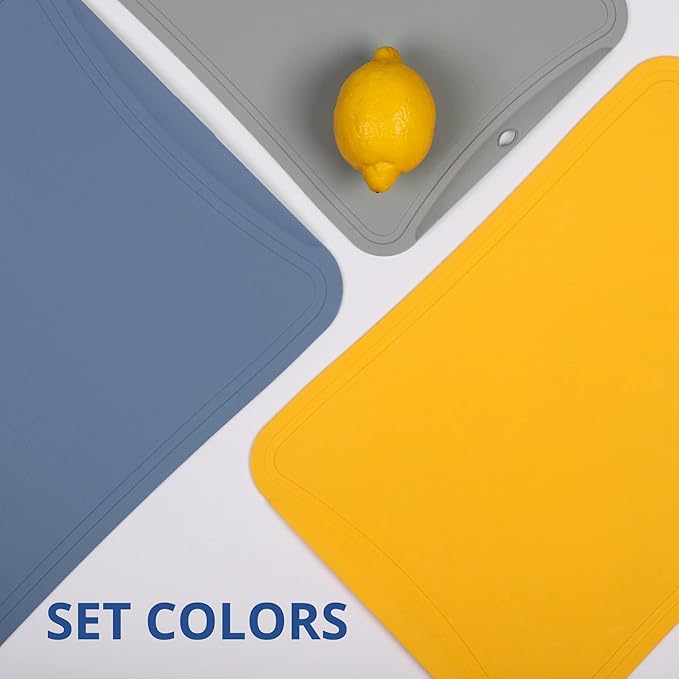 Blue Ginkgo TPU Cutting Mats [Set of 3] – Korean-Made Flexible, Knife-Friendly, Durable Kitchen Cutting Boards (Blue, Yellow, Gray)