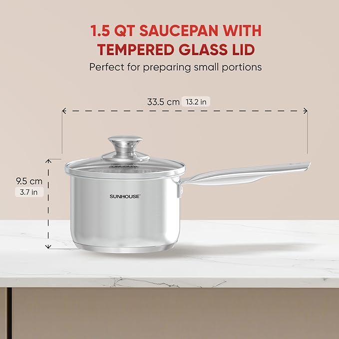 SUNHOUSE – 1.5 Quart Stainless Steel Sauce Pan with Lid - PFOA-FREE, High Stainless Steel Sauce Pan, Induction base, Stay-Cool Handle, Compatible with All Cooktops Gas, Geramic, Electric etc.