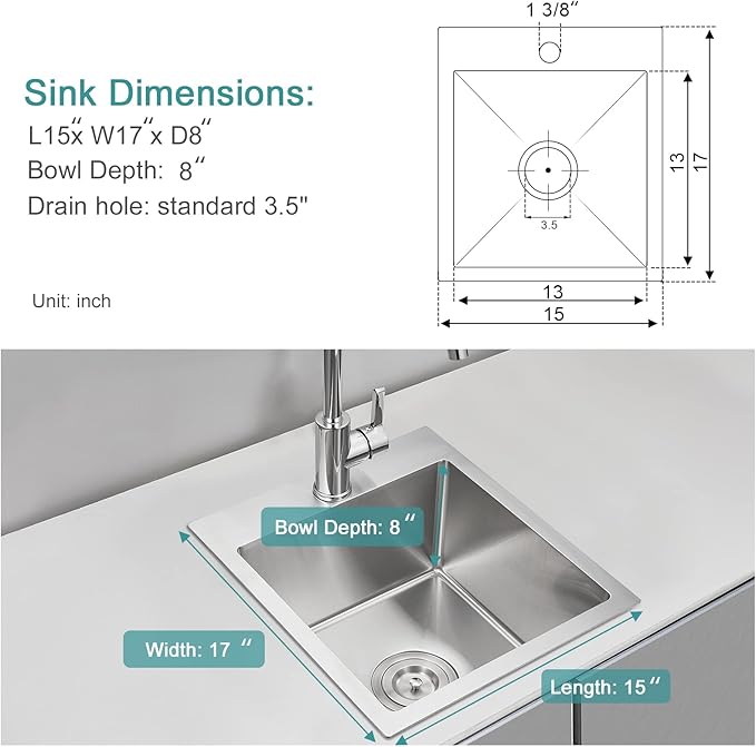 15 inch Bar Sink, KINKIB Drop in Topmount Bar Sink or Prep Kitchen Sink, Handmade Single Bowl T-304 Stainless Steel Small Overmount Kitchen Sink with Basket Strainer