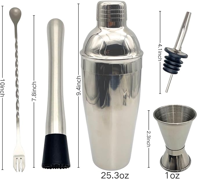 7-Piece Cocktail Shaker Set, Bartender Kit, Home Bar Accessories, Mixing Spoon, Measuring Jigger, Pour Spout, Muddler ，23oz Shaker with Built-in Bartender Strainer，Stainless Steel Bar Set