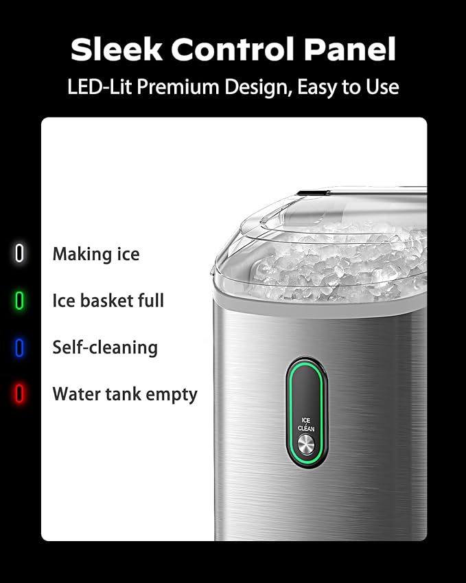 Silonn Nugget Ice Maker Countertop, Pellet Ice Machine with Self-Cleaning Function, Sonic Ice Maker Produces 33lbs of Chewable Ice in 24 Hours, Ideal for Home Kitchen and Office (Stainless Steel)