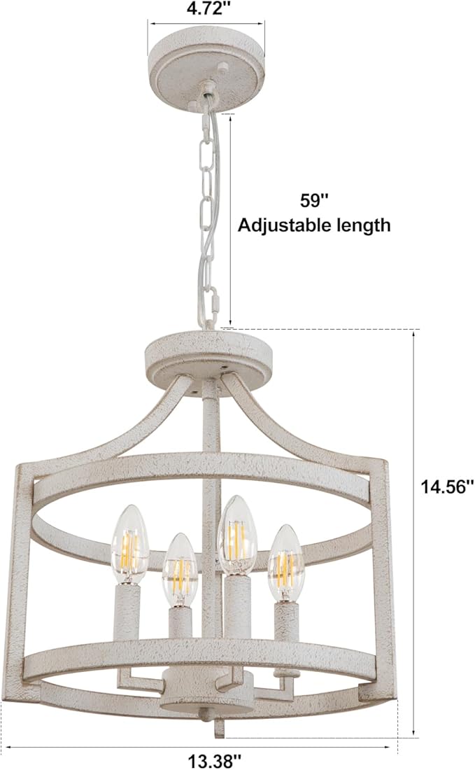4-Light Farmhouse Chandelier, Distressed Hanging Pendant Lighting, Convertible Semi Flush Mount Ceiling Light Fixture Vintage White Metal Chandeliers for Dining Room Kitchen Foyer Entryway