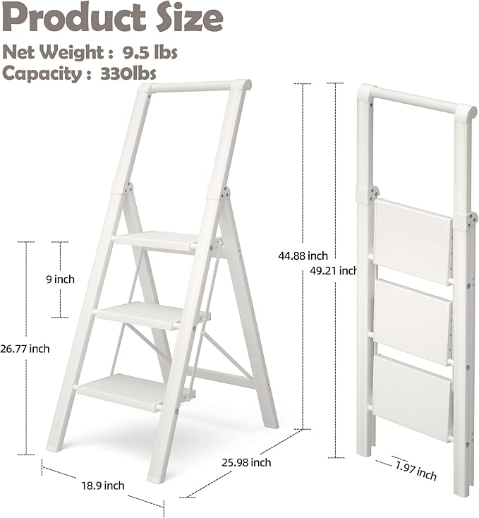 HillhutApex 3 Step Foldable Aluminum Step Ladder with Handgrip, Anti-Slip Pedal, 330 lbs Capacity, Lightweight & Portable for Home, Kitchen, Office, Garage (White)