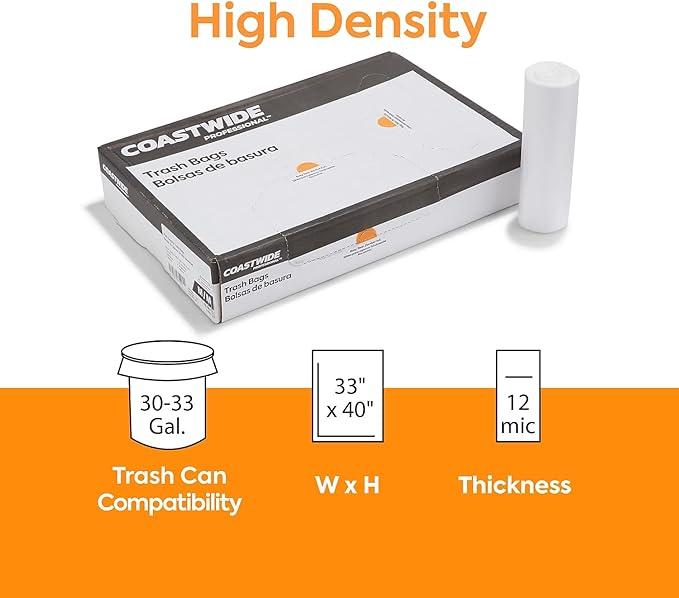 30-33 Gallon Trash Bag, 33" x 40", High Density, 12 mic, Natural, 250 Bags (CW18199)