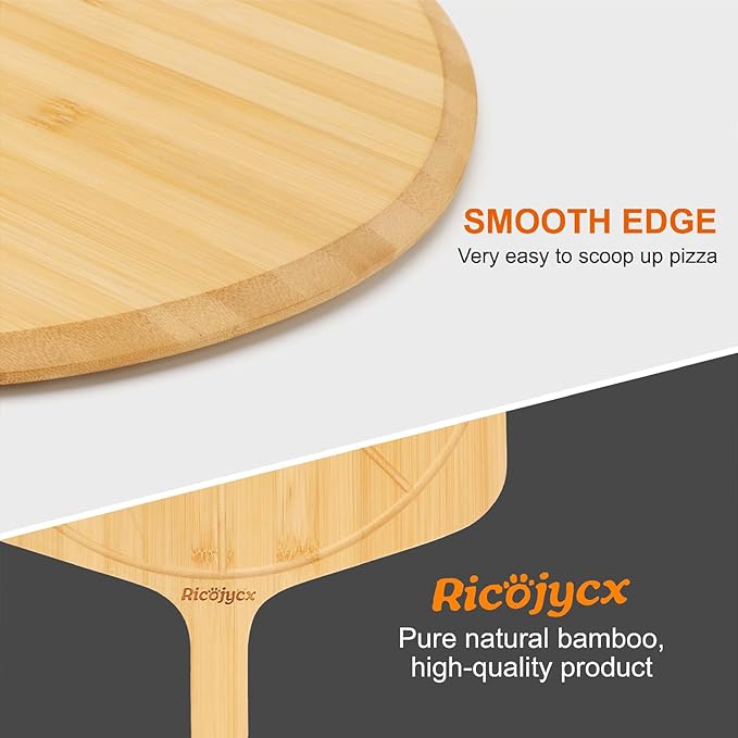 12 inch Natural Bamboo Pizza Peel Set of 2, Double-Sided Use Pizza Cutting Board with 8 Slice Grooves for Pizza, Bread, Cheese, Vegetable, Fruits