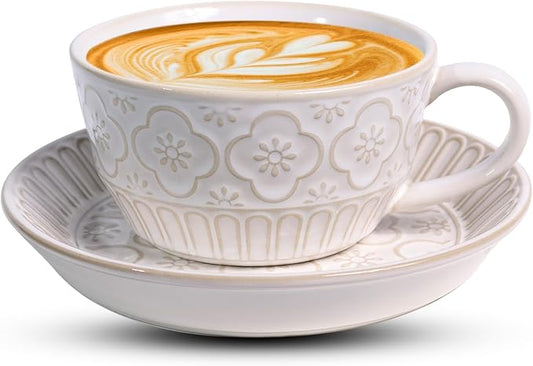 Latte Cup with Saucer, 12 OZ Cappuccino Cup Vintage Cafe Art Cups for Espresso Turkish Coffee, Farmhouse Latte Mugs Tea Cups and Saucers Porcelain Set for Baristas Great Gift