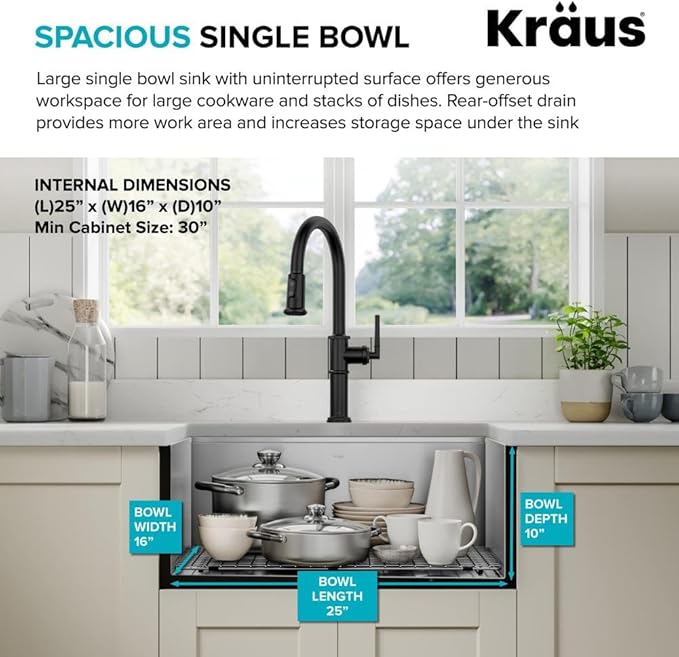 KRAUS Kore 27-Inch Farmhouse Workstation 16 Gauge Stainless Steel Kitchen Sink with Accessories, KWF210-27