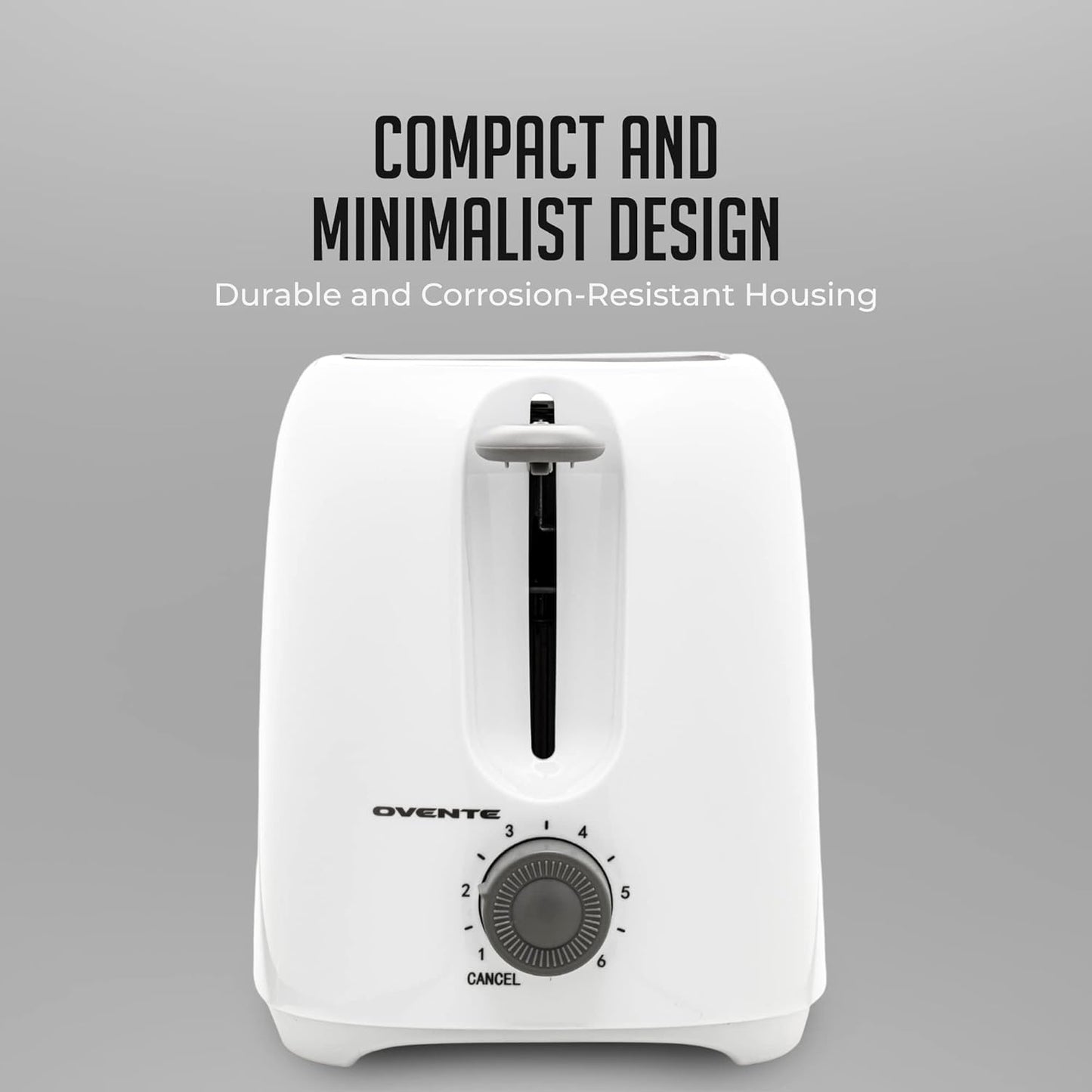 OVENTE Electric 2 Slice Toaster Machine with 6-Shade Browning Selector Setting, Compact Design and Removable Crumb Tray, 700W Power Perfect for Toasting Bread, Thin Bagels and Waffles, White TP2210WGY