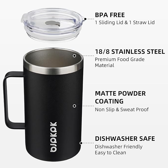 BJPKPK Insulated Coffee Mug with 2 Lids, 25oz Stainless Steel Insulated Tumbler with Handle, Double Wall Vacuum Coffee Cups, BPA Free Travel Mug for Coffee, Tea and Drinks, Black