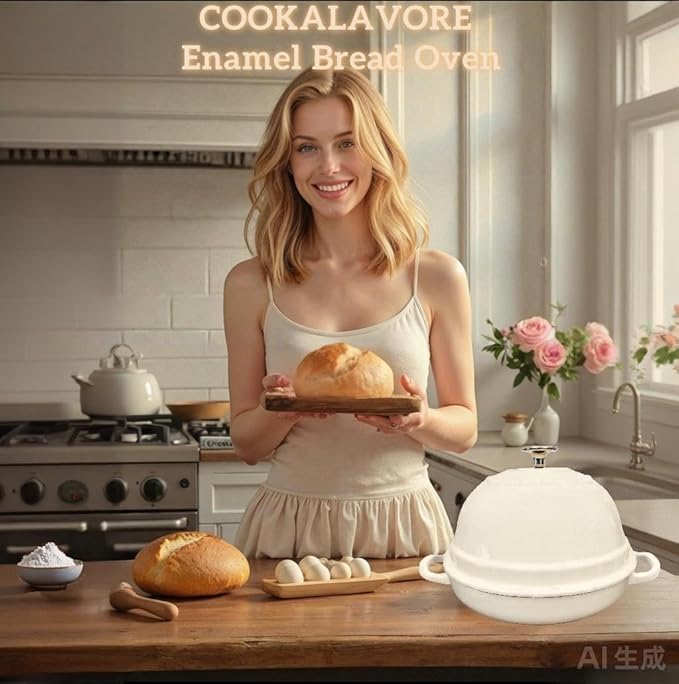Dutch Oven for Bread Baking,6 Quart Enamel Bread Oven for Sourdough,10.5"Bread Oven with Lid,Bread Pans for Homemade Bread,White Thick Enamel Bread Pan-with Silicone Baking Mat&Recipe,Gifts for Family