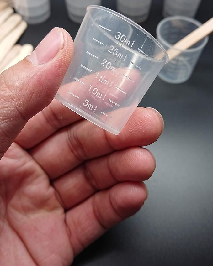 200 Pack 1oz/30ml Plastic Graduated Cups Transparent Scale Cups with 200 Pack Wooden Stirring Sticks for Mixing Paint, Stain, Epoxy, Resin