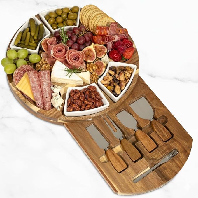 Acacia Cheese Board and Knife Set with Ceramic Bowls, Charcuterie Platter for Entertaining, Wedding & Christmas Gifts, Housewarming and Birthday Gift for Couples