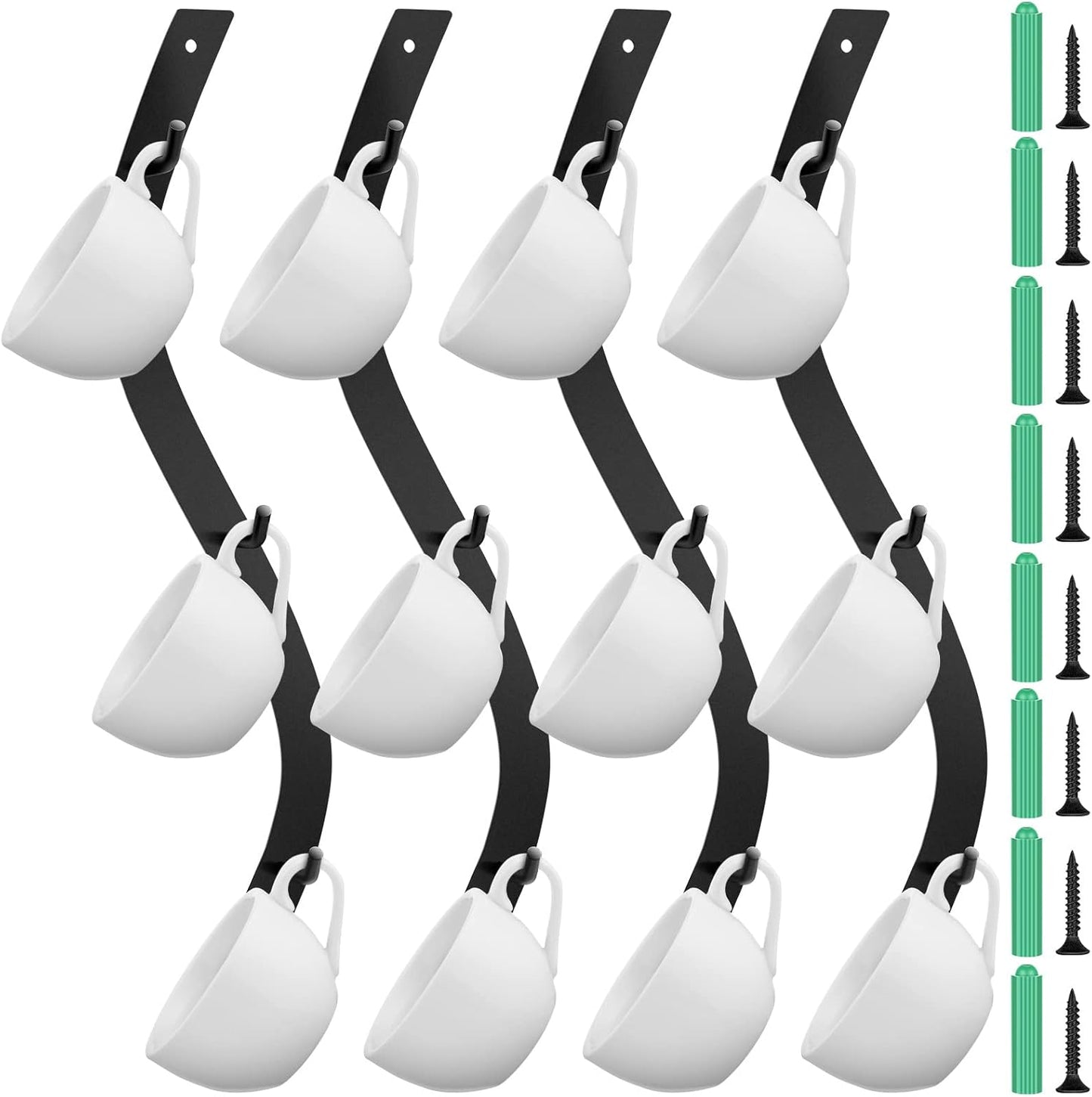 Sosation 4 Pack Coffee Mug Wall Rack Mounted with 12 Hooks S Curve Metal Coffee Cup Rack Wall Hanging Holder for Bar Kitchen Corner Station Decor Display