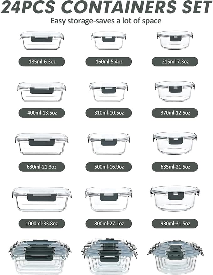 VERONES 12 Packs Glass Food Storage Containers Set, Airtight Glass Lunch Containers, Glass Meal Prep Containers with Lids,Exclusive of BPA, for Microwave, Oven, Freezer & Dishwasher Friendly,Grey