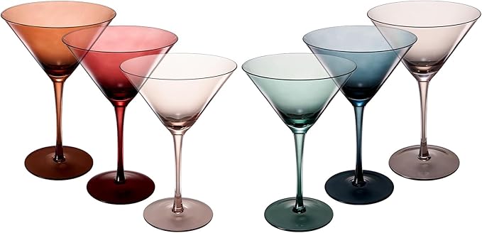 Colored Martini & Cocktail Crystal Glasses - 10oz | Set of 6 | Cute Pastel Muted Crystal Cocktail Glassware, Unique Gift Wife, Her, Mom, Friend Cocktails, Red & White Tall Stemmed Drinkware, Gifts