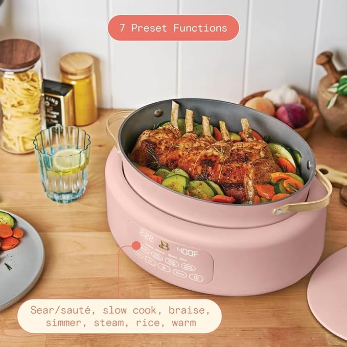 Beautiful 10-in-1 Electric Multi-Cooker by Drew Barrymore, 6-quart, digital display, 10 cooking functions, non-stick pot, easy one-touch control (Rose)