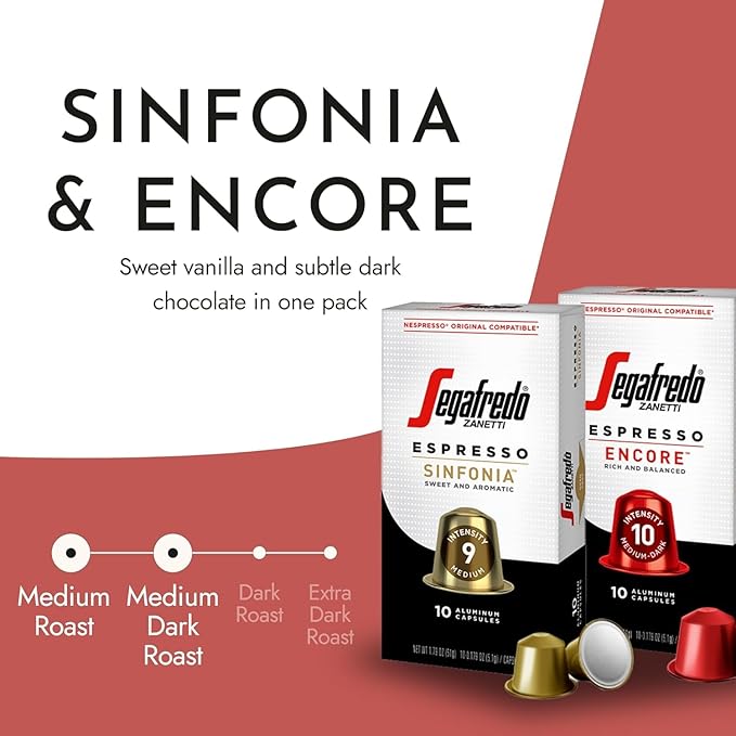 Segafredo Zanetti Espresso Capsules – Aluminum Pods for Nespresso Original Machines – Sinfonia & Encore Variety Premium Espresso – Medium & Medium-Dark Roast – Sinfonia & Encore, 10 Count (Pack of 4)