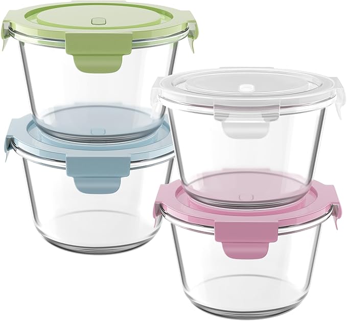 16oz Glass Meal Prep Containers, Airtight 2 Cup Glass Storage Containers with Lids, Heat-Resistant BPA-Free Borosilicate Glass Soup Container for Leftover, Microwave, Dishwasher&Freezer Safe (4 Packs)