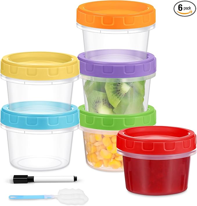 4 oz Small Plastic Containers with Lids, 6 Pack Stackable Small Freezer Containers, Reusable 1/2 Cup Food Containers for Snack Puree Fruit, with Pen and Brush, Microwave & Dishwasher Safe