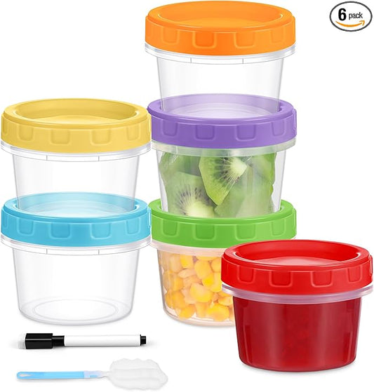 4 oz Small Plastic Containers with Lids, 6 Pack Stackable Small Freezer Containers, Reusable 1/2 Cup Food Containers for Snack Puree Fruit, with Pen and Brush, Microwave & Dishwasher Safe