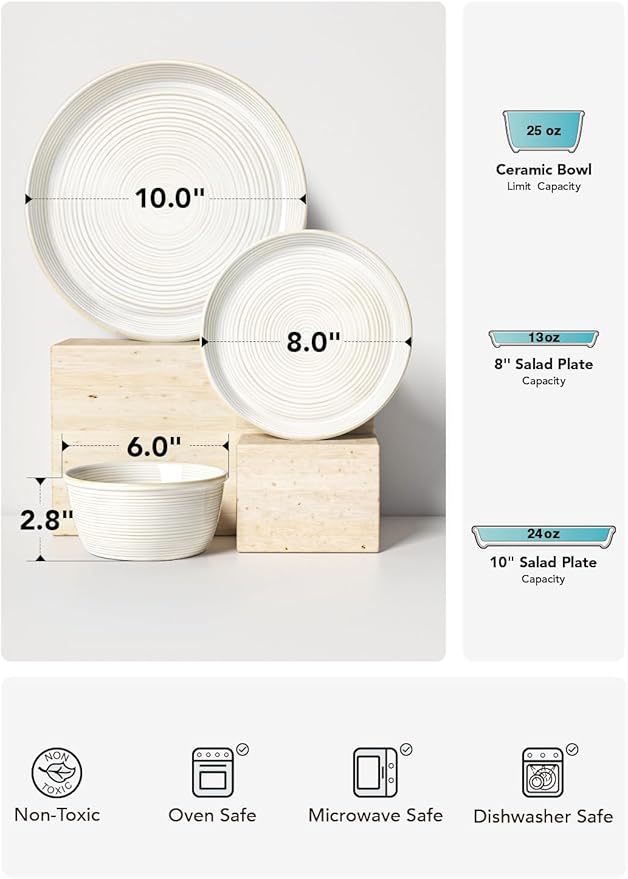 LE TAUCI Dishes Set for 4, Stoneware Plates and Bowls Set, Farmhouse Ceramic Dinnerware, Microwave & Dishwasher Safe, Stackable,12-Piece, Arctic White (10" Dinner+8" Salad Plates+6" Bowls)