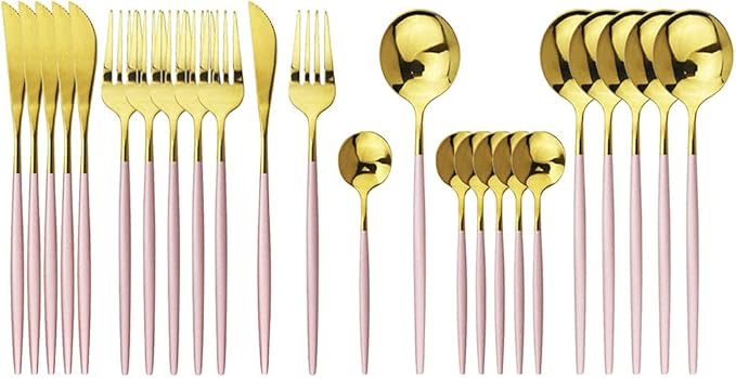 JASHII Flatware Serving Set 24 Piece, Stainless Steel Silverware Set, Pink Gold Cutlery Set, Modern Elegant Tableware Set for Party, Christmas, Dinner (Pink Gold)