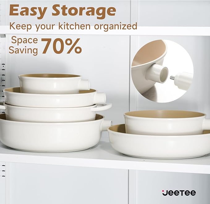 JEETEE Ceramic Cookware Sets 17pcs, Pots and Pans Set Non Stick, Healthy Induction Kitchen Cooking Set with Removable Handles, Stackable Pots Pans, Oven Safe, PFOA/PFOS Free, Beige