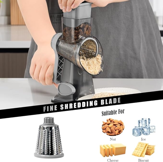 Cheese Grater Hand Crank Rotating Cheese Shredder Stainless Steel Vegetable Slicer Grater for Kitchen 3 Blades for Cheese, Carrot, Cucumber, Nuts, Chocolate, Dark Grey