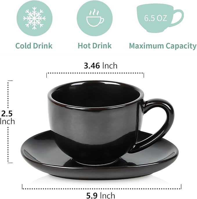 vicrays 6.5 oz Cappuccino Cups with Saucers, Set of 4, Ceramic Coffee Cup for Au Lait, Double shot, Latte, Cafe Mocha, Tea (Black)