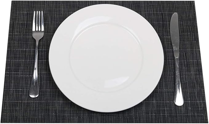 SHACOS Placemats Set of 8 Woven Vinyl Place Mats for Dining Table Wipe Clean Heat Resistant Washable Kitchen Table Mats (8, Black)
