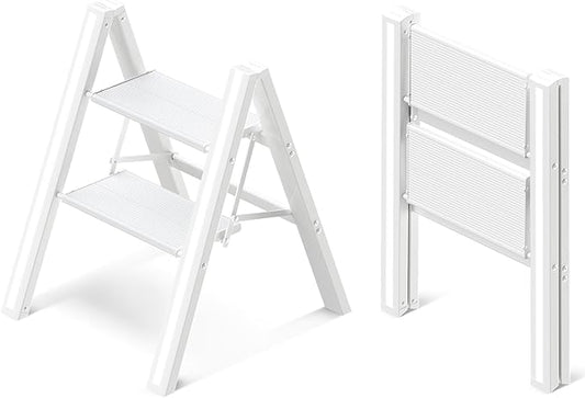 GameGem 2 Step Ladder, Aluminum Folding 2 Step Stool with Anti-Slip Sturdy and Wide Pedal, Lightweight Portable Stepladder for Home and Kitchen Use Space Saving, Cream White, 330 lbs
