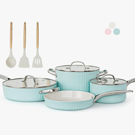 10Pcs Nonstick Cookware Set, Ciwete Tri-Ply Ceramics Cookware Set, Kitchen Pots and Pans with Stay Cool Ergonomic Handle, Dishwasher Safe, Oven Safe, Gift, Compatible with All Stovetop, Green