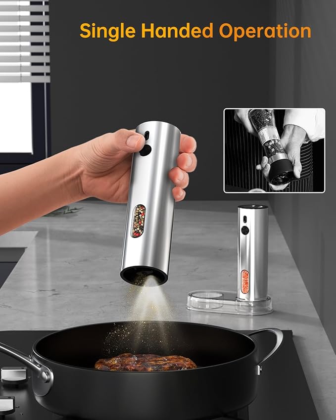 CIRCLE JOY Rechargeable Electric Salt and Pepper Grinder Set with Base, Automatic Stainless Steel Pepper Mill Grinders with 110ml Container, Adjustable Coarseness and White LED Light, Silver